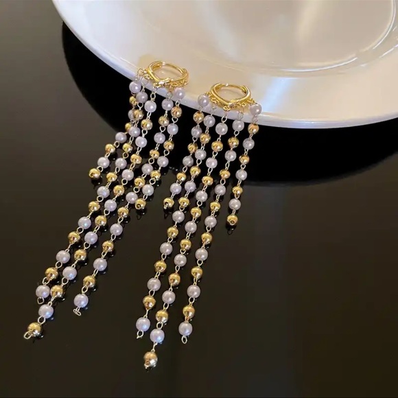 Long Gold and White Pearl Tassels Earrings - Picture 3 of 7